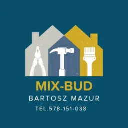 Logo firmy Mix-Bud Bartosz Mazur. Grafika przedstawia trzy domki z narzędziami: szczypce, młotek i pędzel malarski na niebieskim tle.
