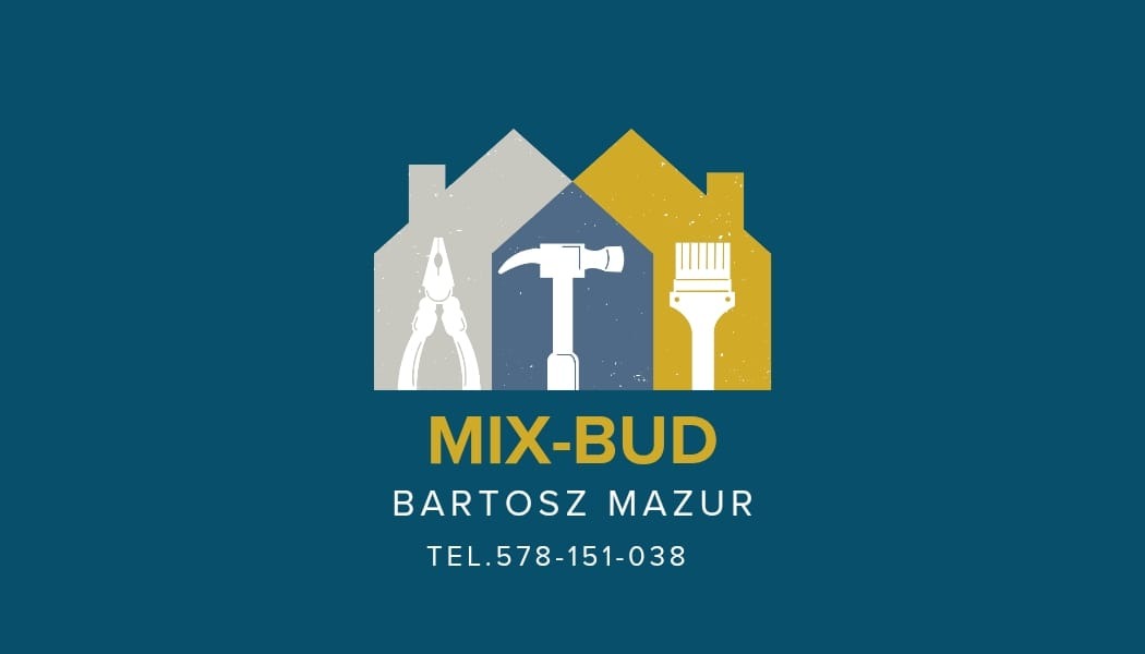Logo firmy Mix-Bud Bartosz Mazur. Grafika przedstawia trzy domki z narzędziami: szczypce, młotek i pędzel malarski na niebieskim tle.