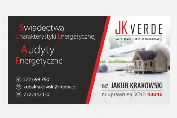 Wizytówka z danymi kontaktowymi inż. Jakuba Krakowskiego, oferującego świadectwa i audyty energetyczne. W tle model domu i plany architektoniczne.