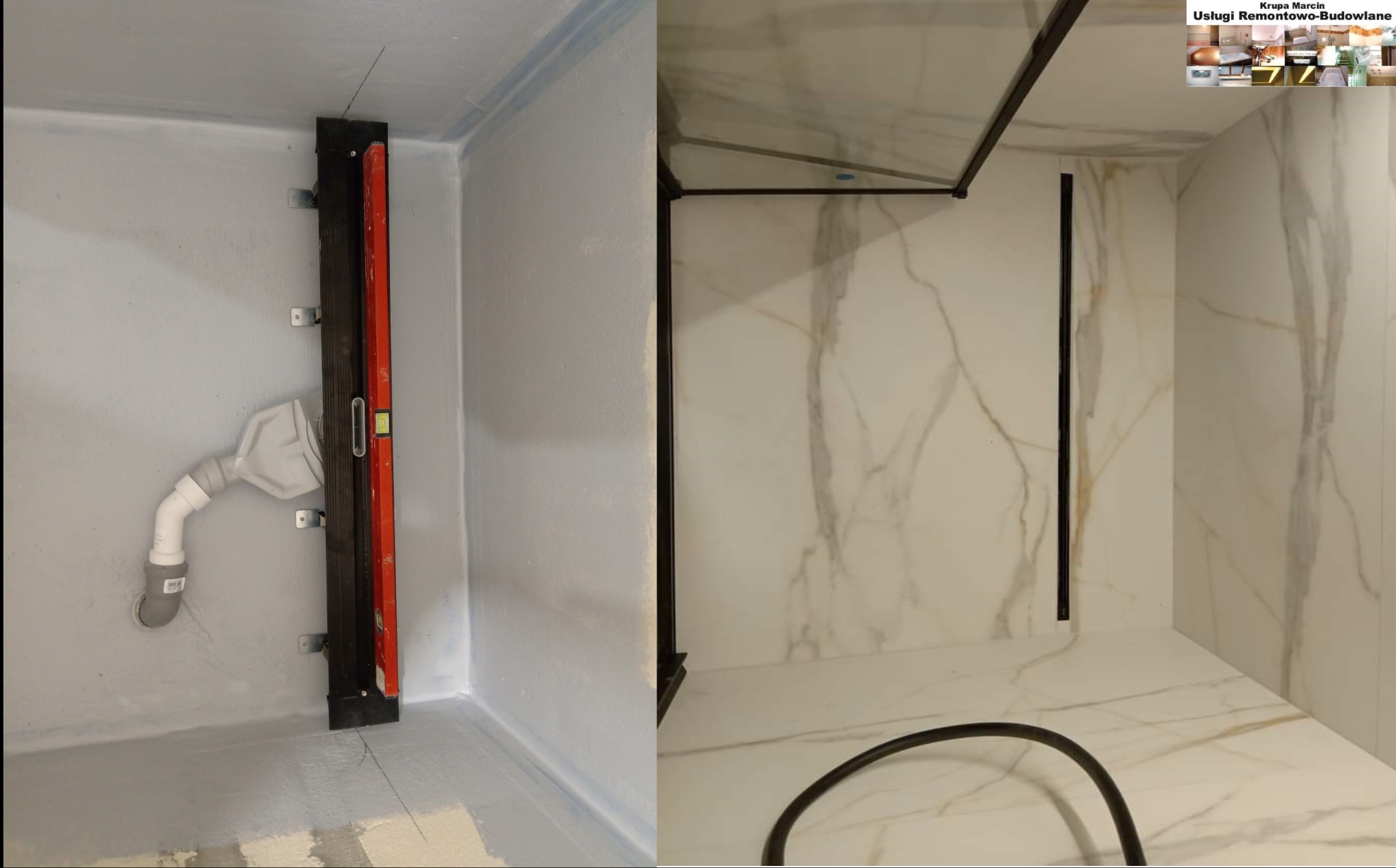 Dwa etapy tworzenia kabiny prysznicowej: hydroizolacja z poziomnicą i wykończona ściana z płytkami imitującymi marmur, z czarnymi profilami.