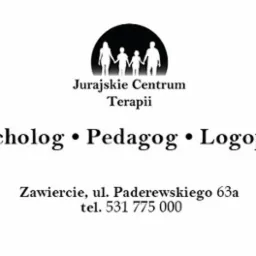 Logo Jurajskiego Centrum Terapii w Zawierciu, oferującego usługi psychologa, pedagoga i logopedy. Adres i numer telefonu widoczne poniżej.