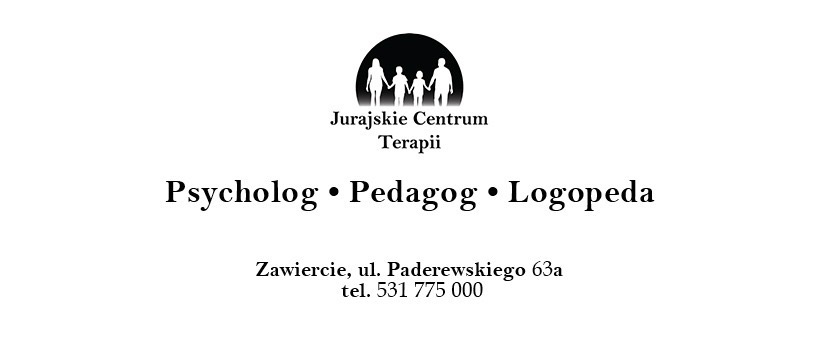 Logo Jurajskiego Centrum Terapii w Zawierciu, oferującego usługi psychologa, pedagoga i logopedy. Adres i numer telefonu widoczne poniżej.