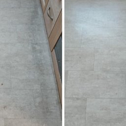 ABK-Reinigungsunternehmen - Podłoga przed i po czyszczeniu w Lisowie. Po lewej stronie widoczne zabrudzenia, po prawej czysta, jasna powierzchnia. Widoczna krawędź szafki.