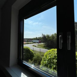 ABK-Reinigungsunternehmen - Ciemna rama okienna z widokiem na zieloną roślinność, drogę i błękitne niebo. Dwa srebrne uchwyty okienne po prawej stronie. Słoneczny dzień.