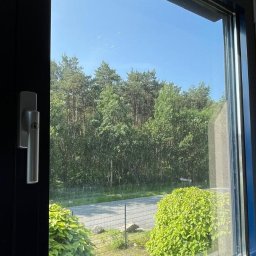 ABK-Reinigungsunternehmen - Widok z okna na zieleń i błękitne niebo. Czysta szyba okienna z widoczną klamką. Świeże powietrze i naturalne światło wpadające do pomieszczenia.