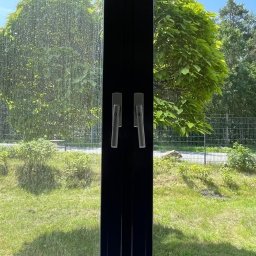 ABK-Reinigungsunternehmen - Częściowo umyte okno z widokiem na zieleń. Po lewej stronie szyba jest brudna, po prawej czysta. Widoczne klamki okienne i rama okienna.