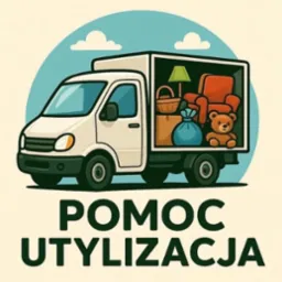Ilustracja przedstawia ciężarówkę z meblami i zabawkami z napisem 'Pomoc Utylizacja', na tle błękitnego nieba. Grafika promuje usługi związane z opróżnianiem mieszkań.