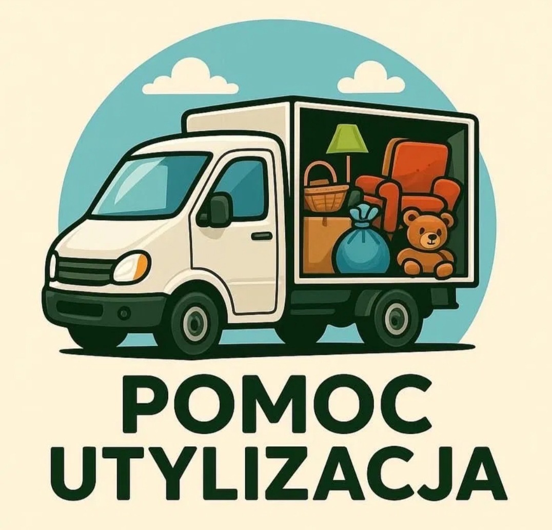 Ilustracja przedstawia ciężarówkę z meblami i zabawkami z napisem 'Pomoc Utylizacja', na tle błękitnego nieba. Grafika promuje usługi związane z opróżnianiem mieszkań.