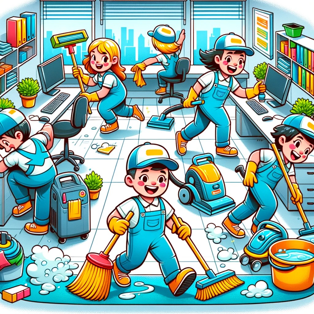 Radosna ekipa w niebieskich kombinezonach sprząta biuro: odkurzanie, mycie podłóg i mebli. W tle widok na miasto.