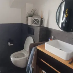 Nowoczesna łazienka w szarościach z drewnianymi akcentami. Umywalka nablatowa, okrągłe lustro i wisząca toaleta. Dekoracje: roślina, lampion i dyfuzor zapachowy.