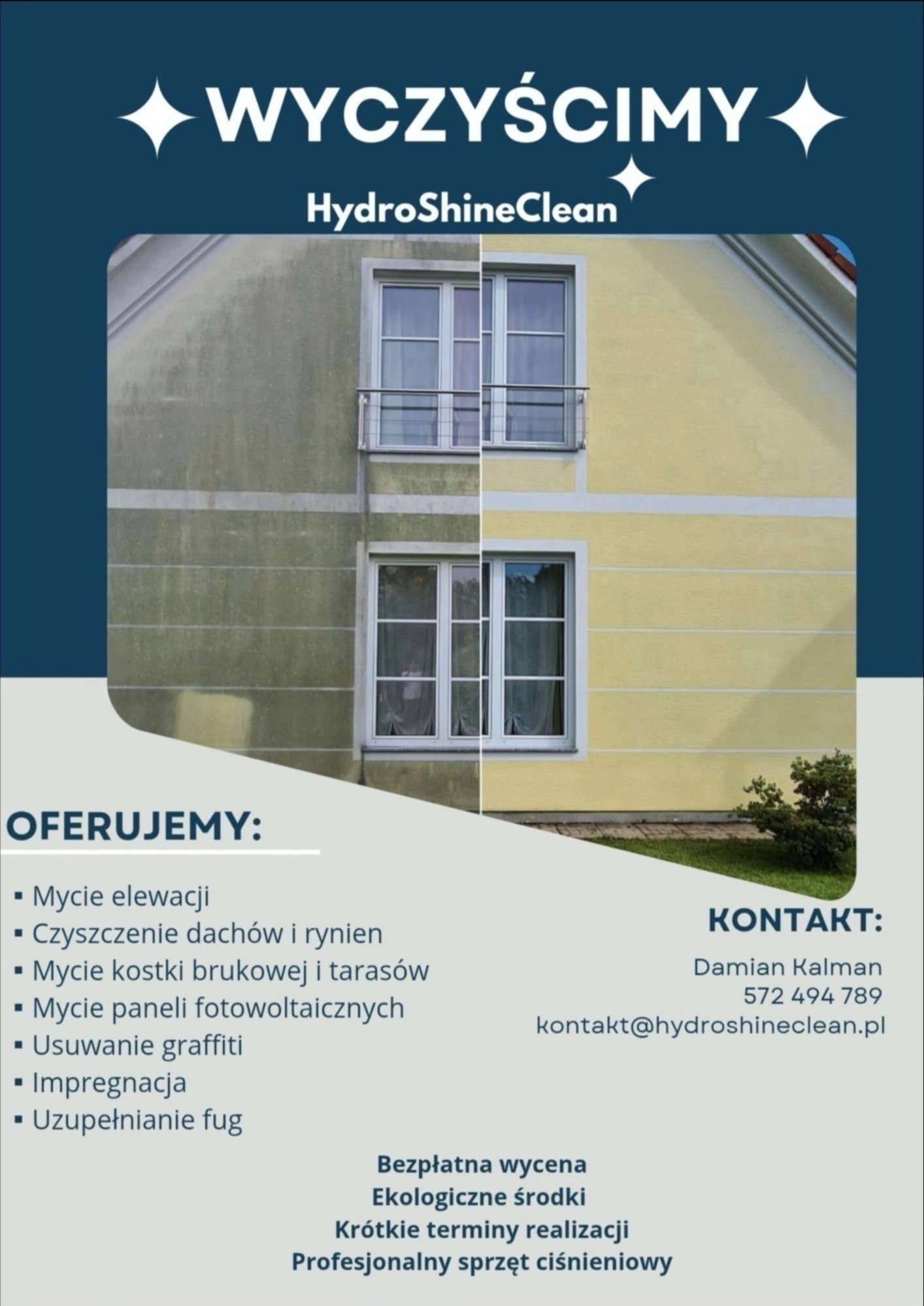 Mycie elewacji: budynek podzielony na pół – lewa strona brudna, prawa czysta. Porównanie efektu przed i po czyszczeniu elewacji. HydroShineClean.