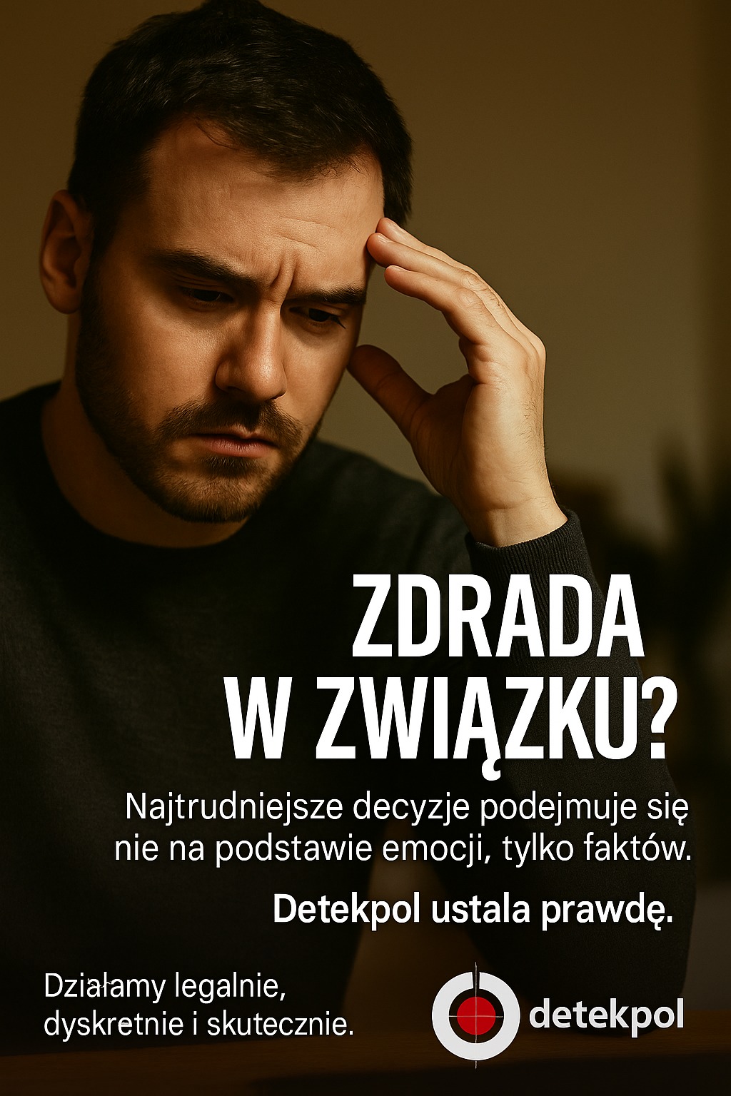 Zamyślony mężczyzna z tekstem 'Zdrada w związku?' i logo firmy detektywistycznej z Poznania. Ustalanie prawdy oparte na faktach, nie emocjach.