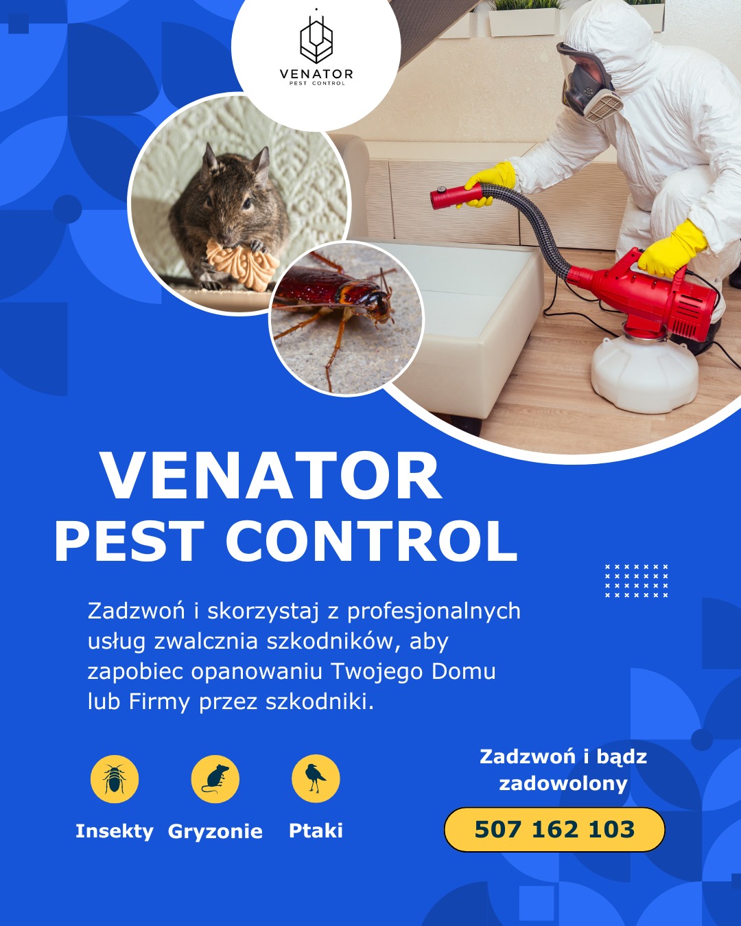 Pracownik w kombinezonie ochronnym, z maską, używa czerwonego opryskiwacza na jasnej sofie. W tle logo firmy i grafiki z gryzoniem i karaluchem.