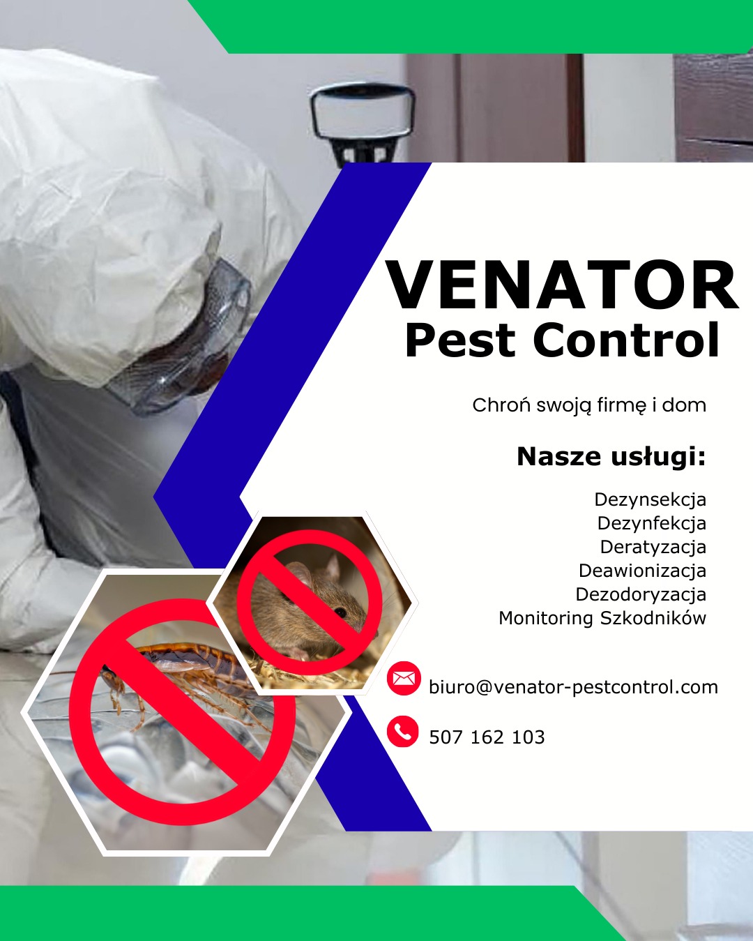 Grafika reklamowa: Osoba w kombinezonie ochronnym, logo Venator Pest Control, przekreślony karaluch i mysz. Usługi: dezynsekcja, deratyzacja, monitoring szkodników.