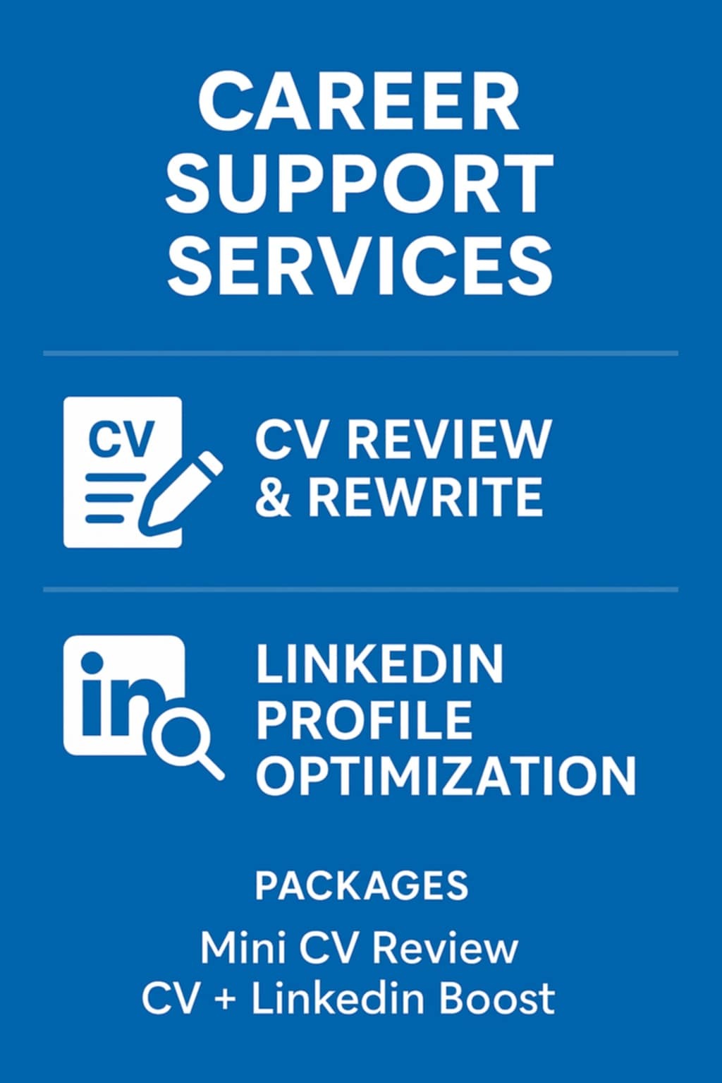 Grafika: Career Support Services z ikonami CV i LinkedIn, oferująca pakiety Mini CV Review i CV + LinkedIn Boost na niebieskim tle.