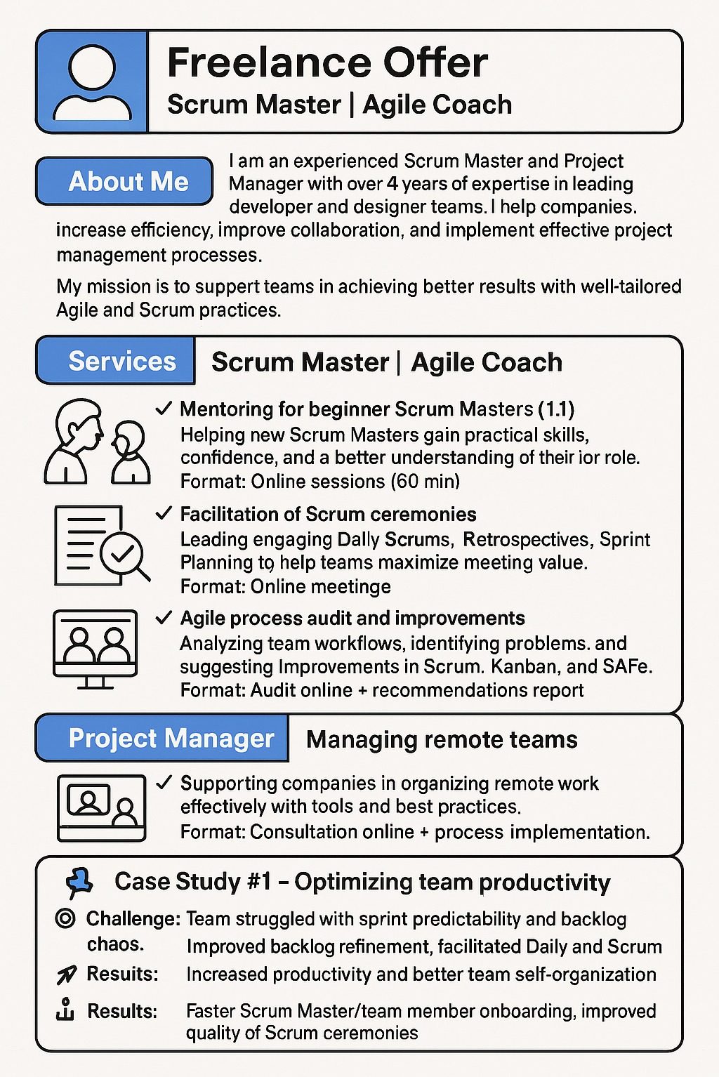 Freelance Scrum Master/Agile Coach offer: Mentoring, facilitation, audits, project management for remote teams, case study optimizing team productivity.