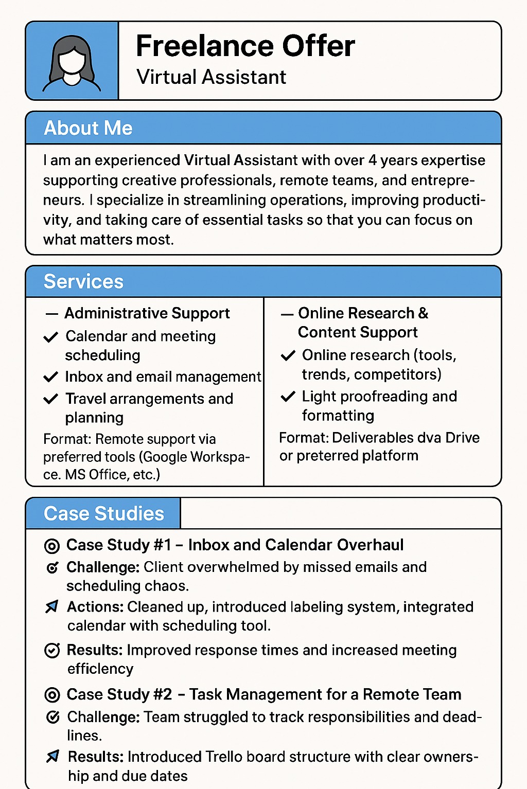 Oferta wirtualnej asystentki: zakres usług (wsparcie administracyjne, research, zarządzanie kalendarzem, e-mail), przykłady case studies z opisem wyzwań i efektów.