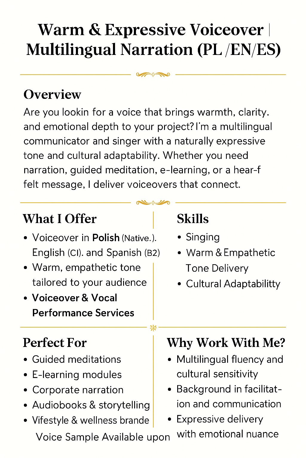 Oferta: ciepły, ekspresyjny głos lektorski i wielojęzyczna narracja po polsku, angielsku i hiszpańsku. Usługi lektorskie i wokalne, idealne do audiobooków, szkoleń e-learning.
