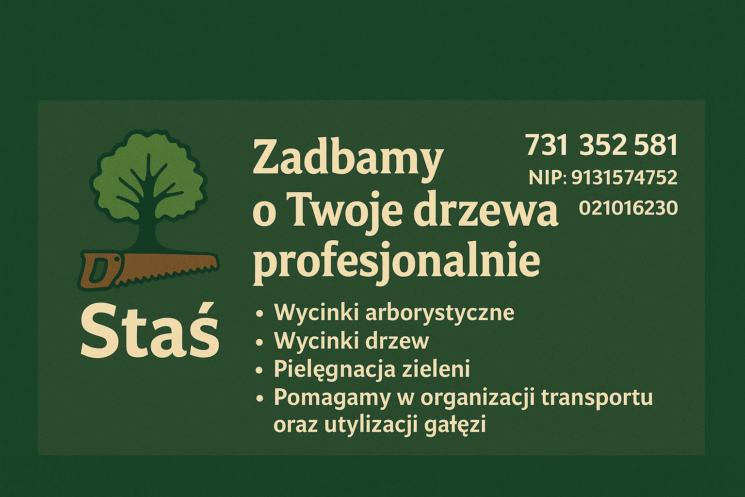 Grafika: Logo firmy 'Zadbamy o Twoje drzewa'. Stylizowany rysunek drzewa, piły i nazwa firmy 'Staś'. Oferta: wycinka, pielęgnacja zieleni, transport gałęzi.