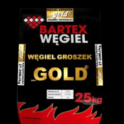Worek ekogroszku Bartex Węgiel Gold 25kg na czarnym tle, z informacjami o granulacji i kaloryczności. Widoczne logo i adres strony internetowej.