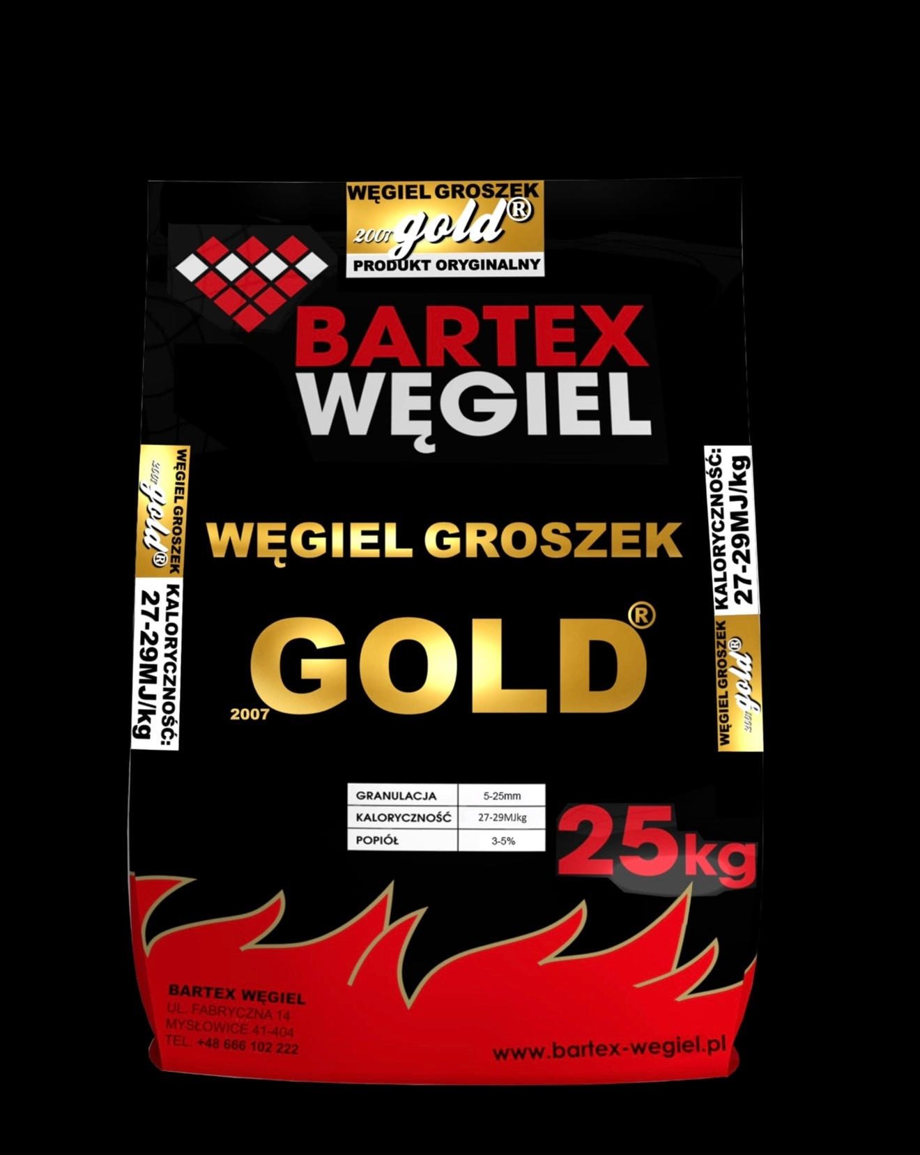 Worek ekogroszku Bartex Węgiel Gold 25kg na czarnym tle, z informacjami o granulacji i kaloryczności. Widoczne logo i adres strony internetowej.