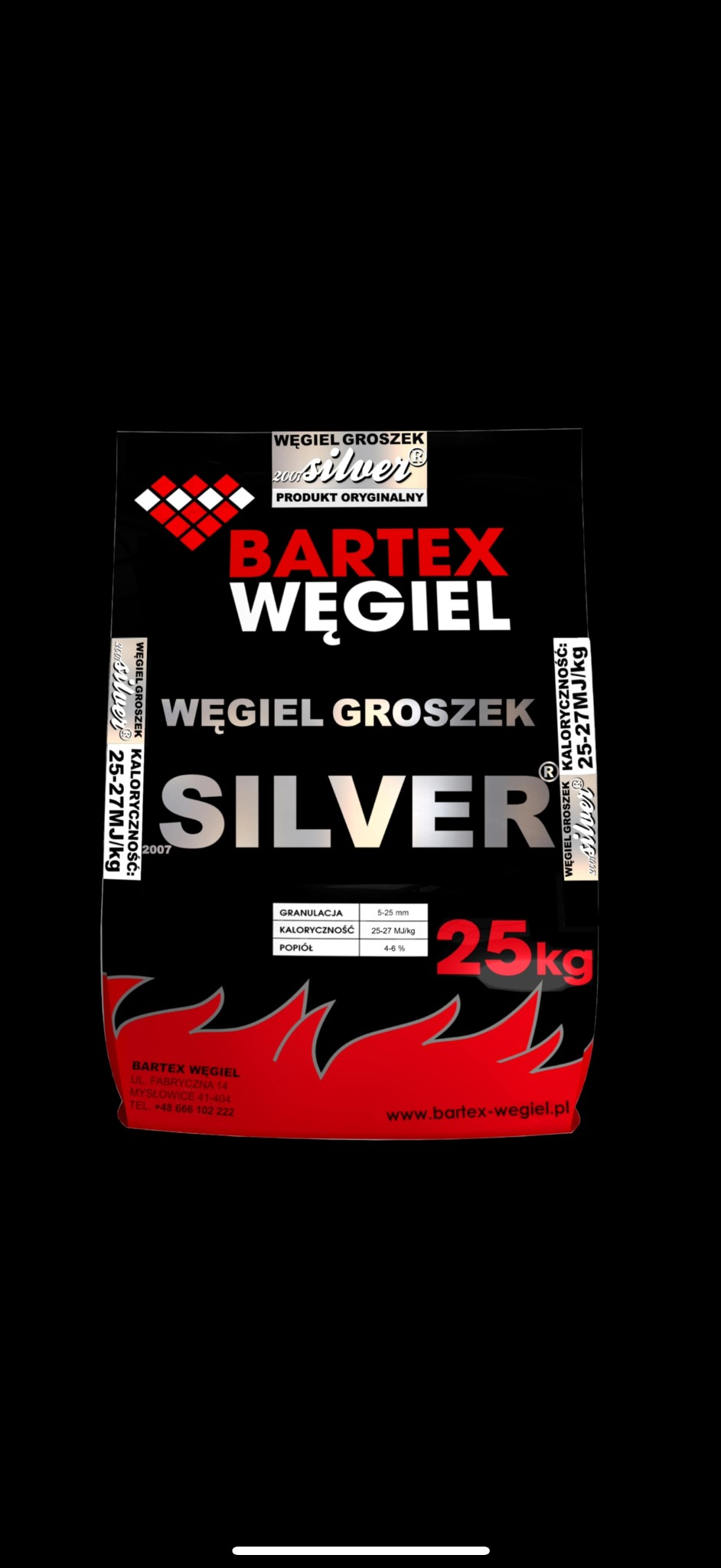 Czarny worek ekogroszku Bartex Węgiel Silver 25kg z czerwonym akcentem imitującym płomienie, widoczne dane techniczne produktu.