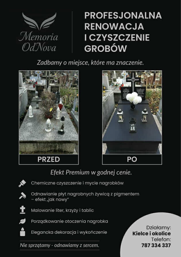 Renowacja nagrobka: porównanie stanu przed i po odnowieniu. Po lewej nagrobek zaniedbany, po prawej odnowiony, z kwiatami i lampionami. Efekt premium w Kielcach.