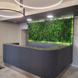 Recepcja z szarą, ryflowaną zabudową i blatem, podświetlona zielona ściana z roślin, okrągłe lampy sufitowe. Nowoczesny design wnętrza biurowego.