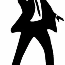 Czarno-biała sylwetka mężczyzny w garniturze, w dynamicznej pozie, przypominająca ikonę lub logo. Grafika o wysokim kontraście.