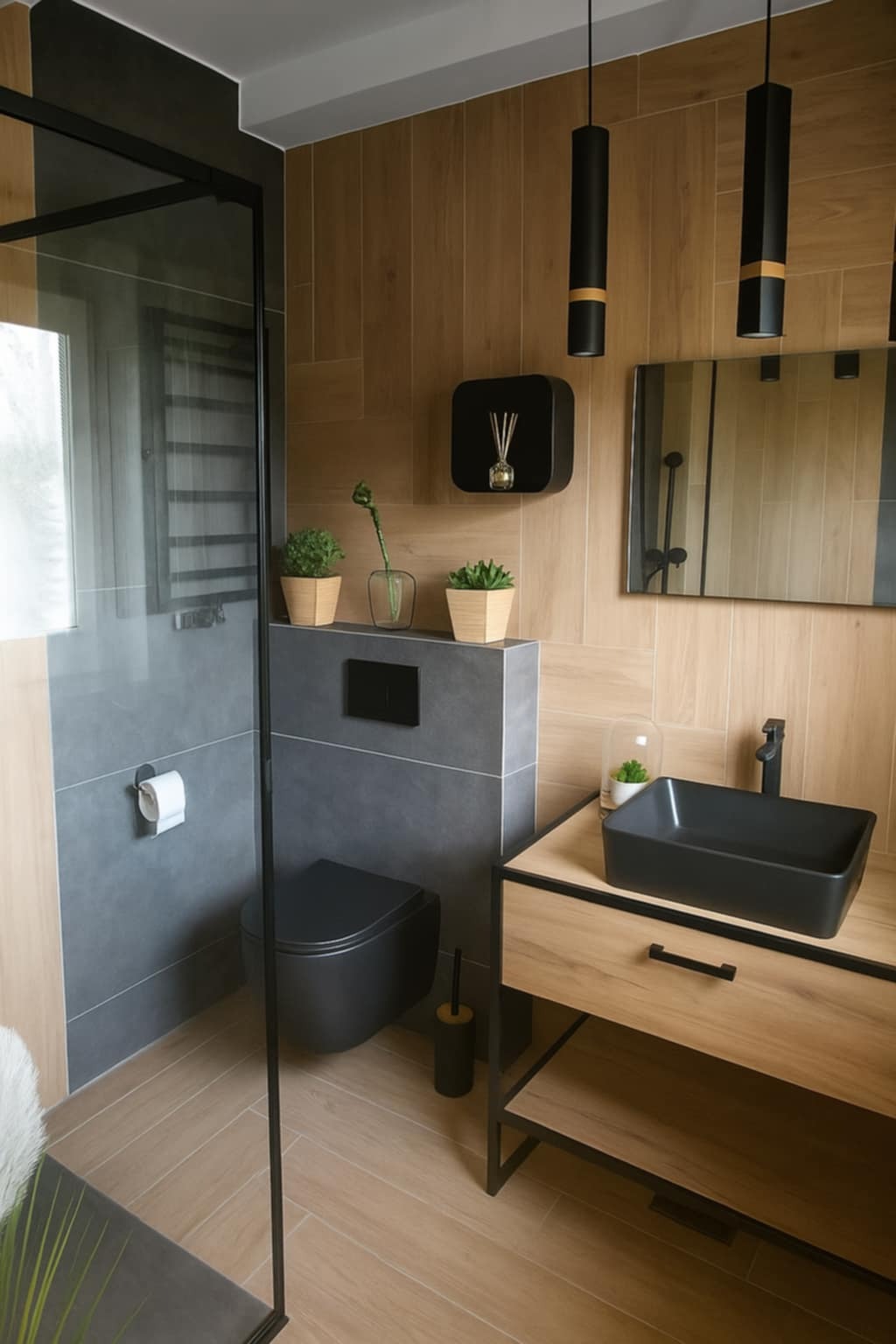 Nowoczesna łazienka z kabiną prysznicową typu walk-in, umywalką nablatową i drewnopodobnymi płytkami. Minimalistyczny design z akcentami czerni.