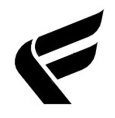Czarno-białe logo przypominające stylizowaną literę F z elementem skrzydła, umieszczone na białym tle. Prosty, minimalistyczny design.