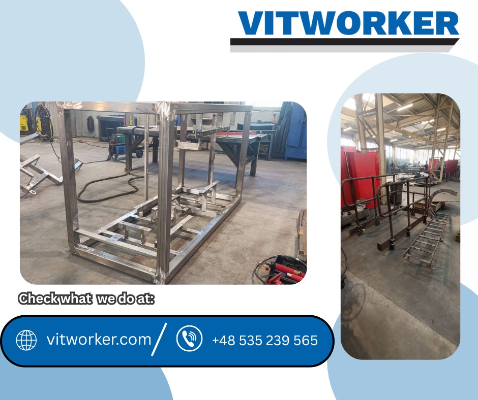Konstrukcja spawana z metalowych profili w hali produkcyjnej, widoczne spawy. W tle inne konstrukcje i sprzęt spawalniczy. Prezentacja umiejętności firmy Vitworker.
