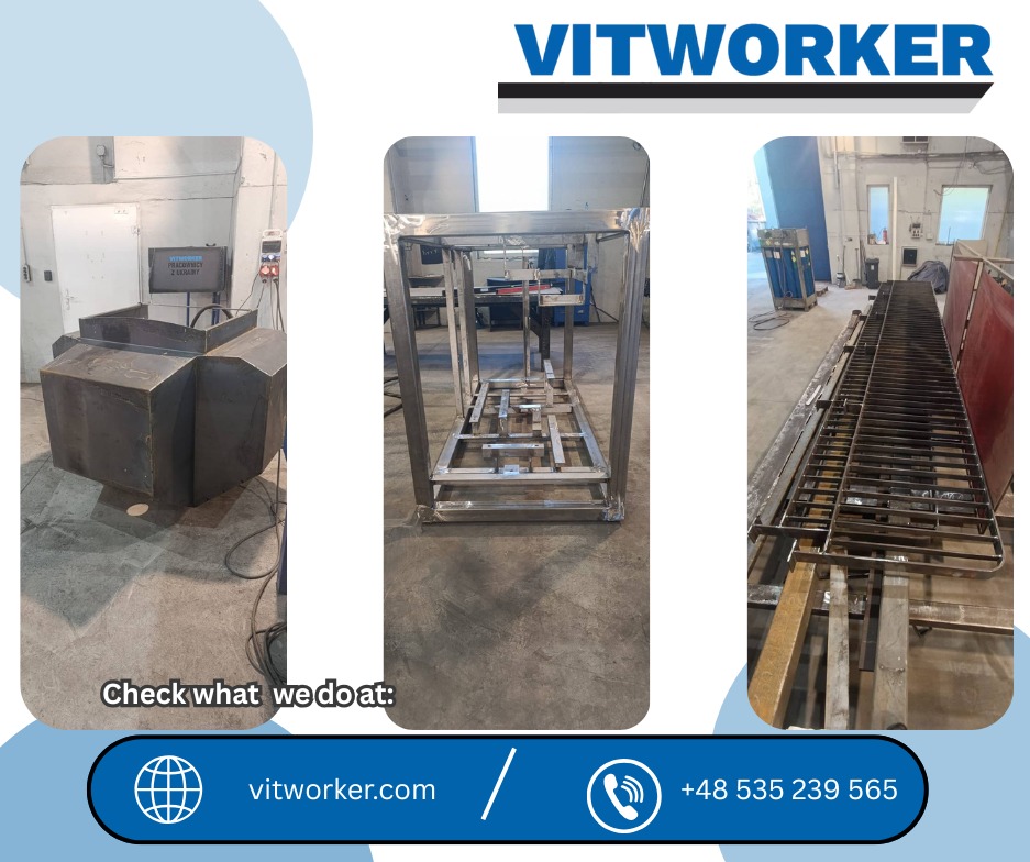 Metalowe konstrukcje w hali produkcyjnej: spawana obudowa, szkielet i długa krata. Prezentacja możliwości firmy Vitworker z widocznym logo i danymi kontaktowymi.