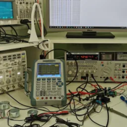 Stanowisko pracy elektronika: oscyloskopy, zasilacz, multimetr, prototyp układu scalonego połączony przewodami, monitor z kodem. Uruchamianie i testowanie prototypów.