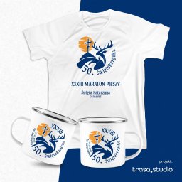 Logo imprezy i komplet gadżetów. Na wizualizacji niektóre z nich.