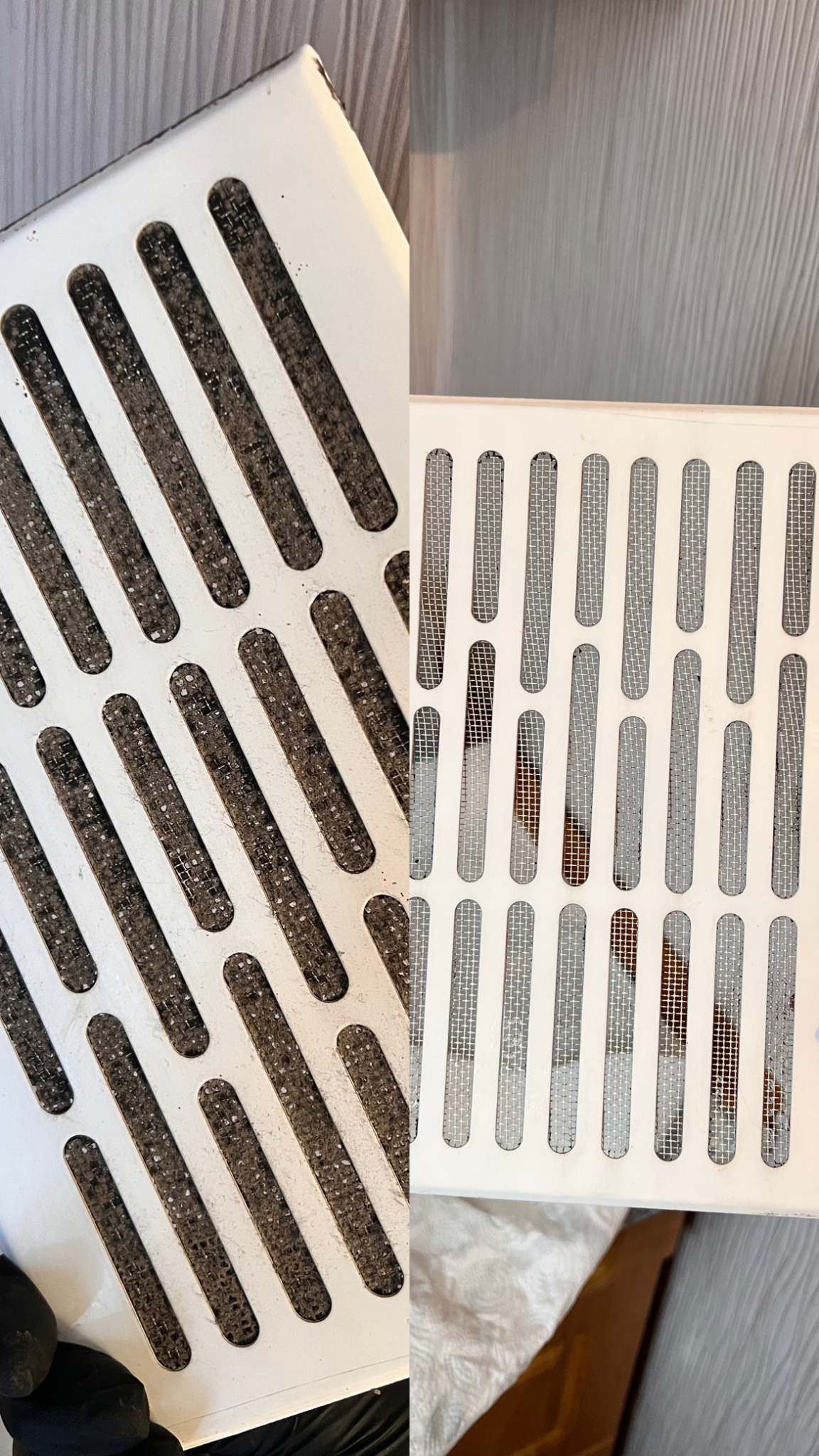 Zdjęcie 'przed i po' czyszczenia białej kratki wentylacyjnej z drobnymi otworami, ukazujące różnicę w czystości i usunięciu kurzu.