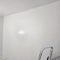 IVAN KRASNOSHCHOKOV - Ściana pomalowana na biało z widoczną drabiną malarską i wałkiem na podłodze. Świeżo pomalowane wnętrze z połyskiem na ścianie w centralnej części kadru.