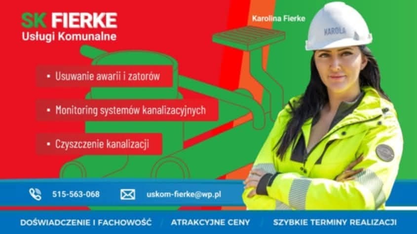 Grafika reklamowa usług komunalnych SK Fierke: usuwanie awarii, monitoring kanalizacji, czyszczenie. Kobieta w kasku i odblaskowej kurtce. Kontakt: telefon, e-mail.