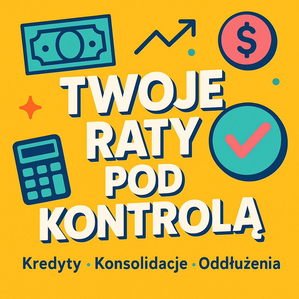 Grafika z napisem 'Twoje raty pod kontrolą', ikonami gotówki, kalkulatora, wykresu wzrostu i znaku akceptacji. Oferta kredytów, konsolidacji i oddłużenia na żółtym tle.