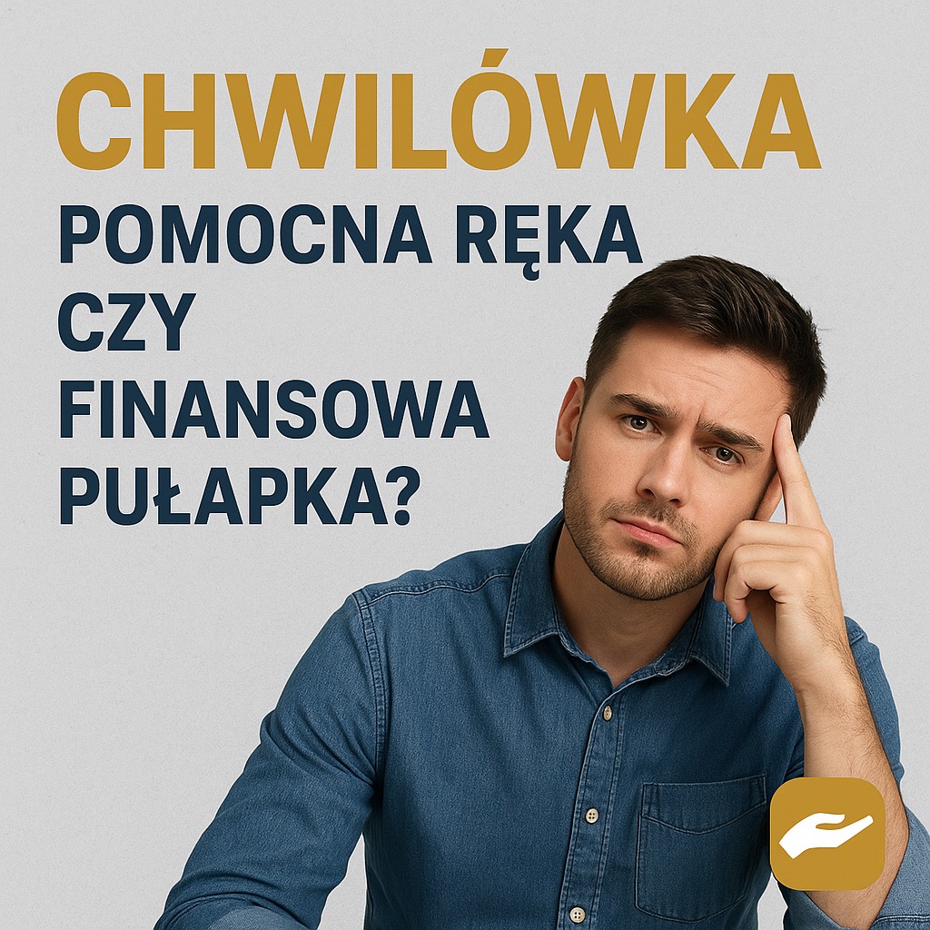 Grafika z mężczyzną w dżinsowej koszuli, zamyślonym wyrazem twarzy i hasłem 'Chwilówka: pomocna ręka czy finansowa pułapka?' oraz symbolem dłoni.