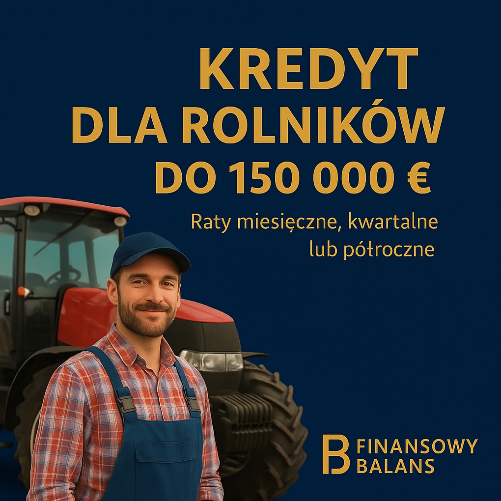 Kredyt dla rolników do 150 000 EUR w Lublinie. Mężczyzna w stroju roboczym na tle czerwonego traktora. Oferta z ratami miesięcznymi, kwartalnymi lub półrocznymi.