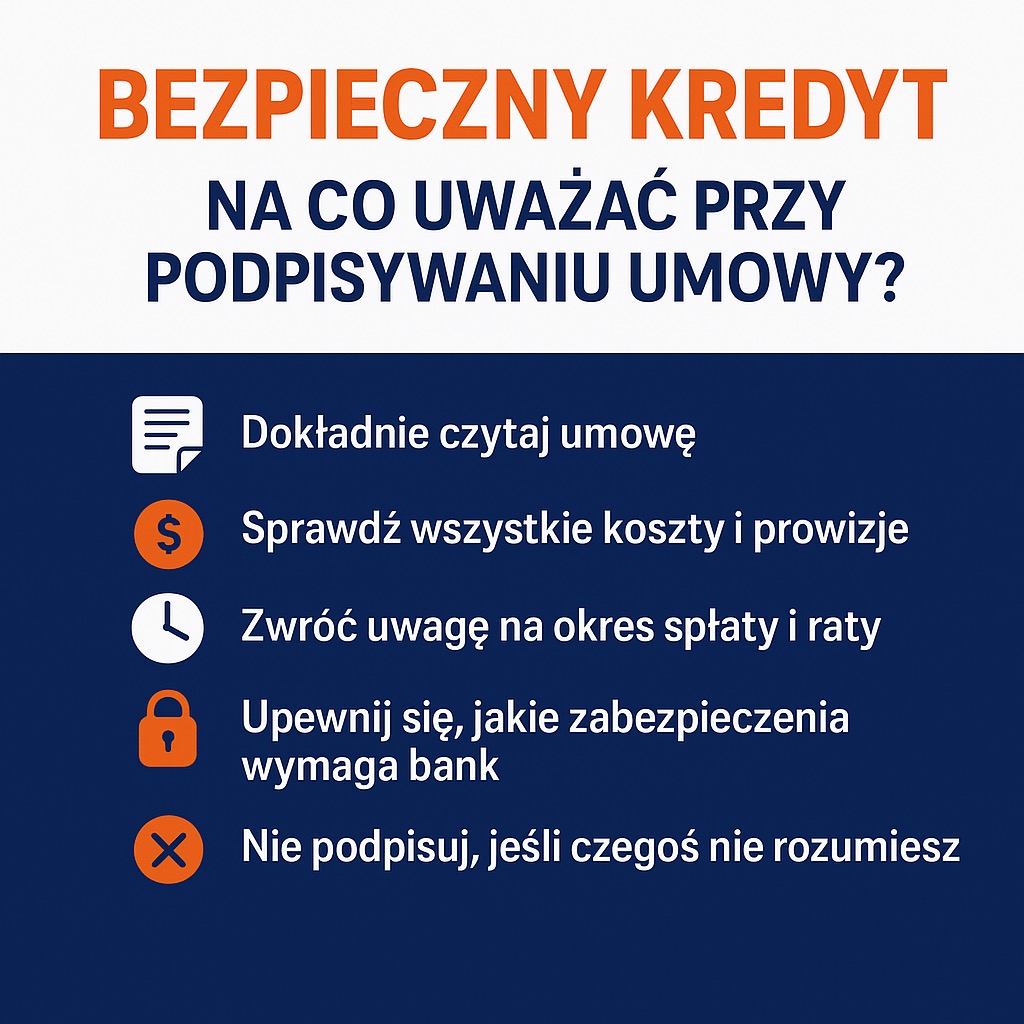 Grafika informacyjna: Bezpieczny kredyt - na co uważać przy podpisywaniu umowy? Porady dotyczące czytania umowy, kosztów, okresu spłaty i zabezpieczeń bankowych.