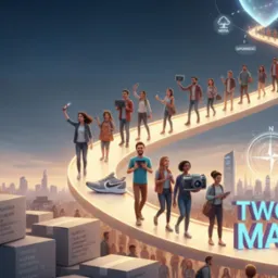 Ilustracja koncepcyjna marki: ścieżka z ludźmi, fabryki, budynki, pudełka i hasło 'Twoja Marka'. Grafika promuje budowanie wizerunku firmy.