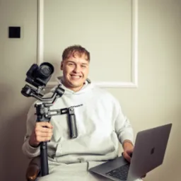 Uśmiechnięty kamerzysta w dresie siedzi z laptopem i stabilizatorem DJI RS 4 z kamerą, prezentując narzędzia pracy w jasnym wnętrzu.