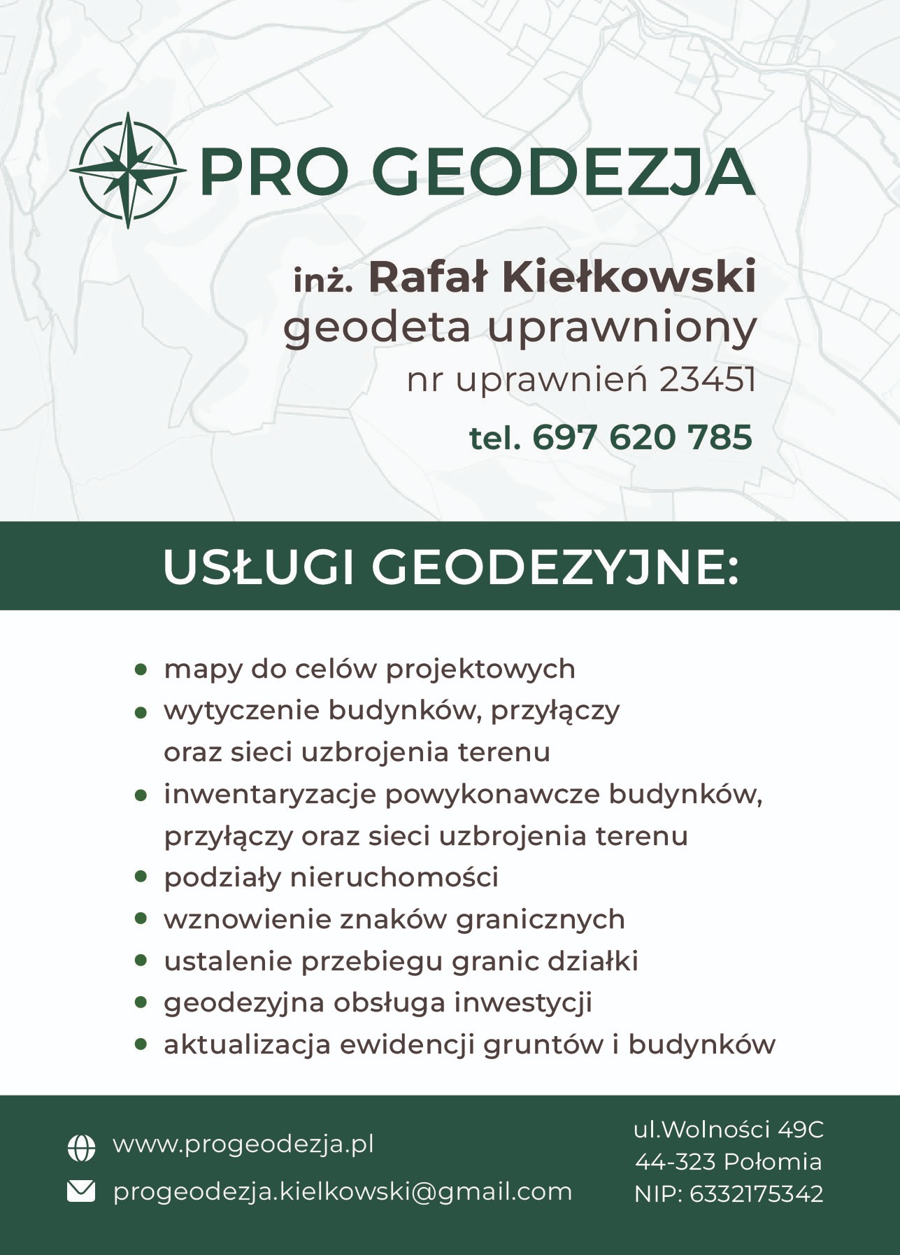 Usługi geodezyjne: mapy, wytyczenia, inwentaryzacje, podziały nieruchomości, wznowienia znaków granicznych, obsługa inwestycji. Dane kontaktowe geodety.