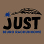 Brązowe logo 'JUST Biuro Rachunkowe' z niebieskim piórem i kleksem, umieszczone na jednolitym, brązowym tle. Prosty, czytelny font.