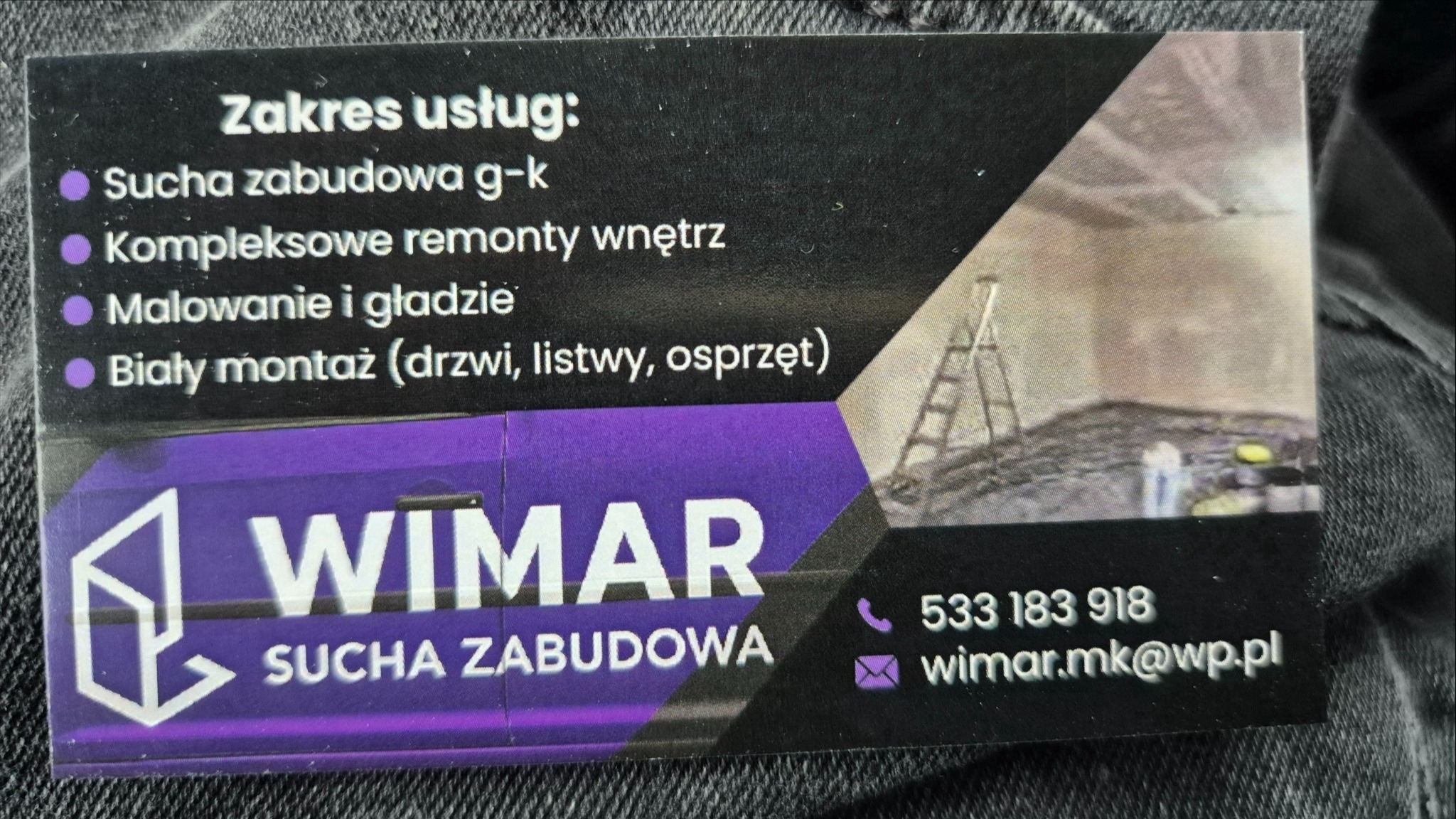 Wizytówka firmy Wimar z ofertą: sucha zabudowa, remonty wnętrz, malowanie, biały montaż. W tle zdjęcie wnętrza w trakcie remontu z drabiną. Kontakt: 533 183 918.