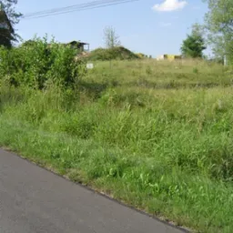 Działka budowlana z widoczną tabliczką informacyjną, porośnięta wysoką trawą, z fragmentem asfaltowej drogi w dolnej części kadru, Chmielnik k. Rzeszowa.