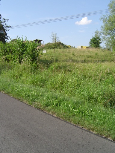 Działka budowlana z widoczną tabliczką informacyjną, porośnięta wysoką trawą, z fragmentem asfaltowej drogi w dolnej części kadru, Chmielnik k. Rzeszowa.