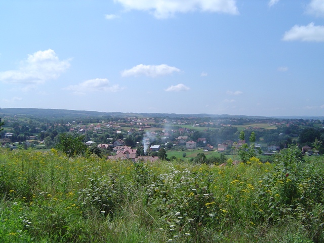 Rozległy widok na wiejską zabudowę z perspektywy zarośniętego wzgórza, w tle lekka mgła i błękitne niebo z białymi obłokami.